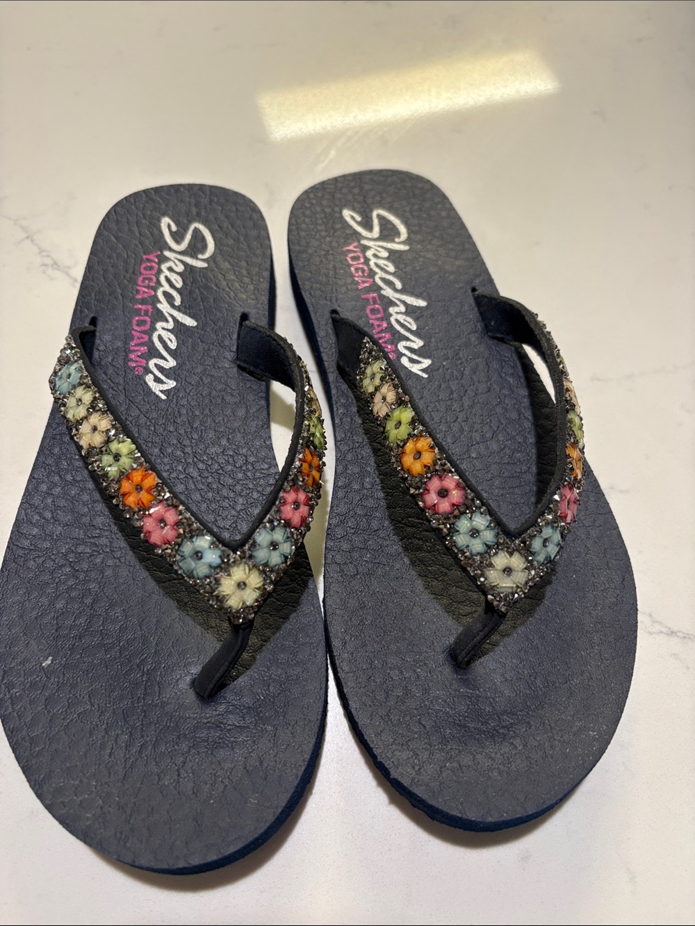 Skechers Women's Black Flip Flops with Multicolor Floral Beads